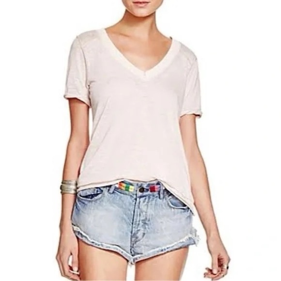 Free People 'Pearls' Raw Edge V-Neck Tee in Almond - Picture 1 of 7